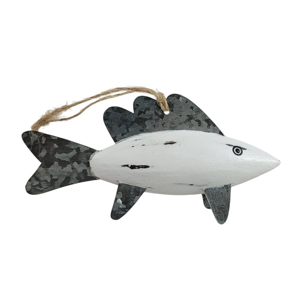 Christmas Ornament Fish White Wood Silver Metal Fins Lightweight Decor Distress